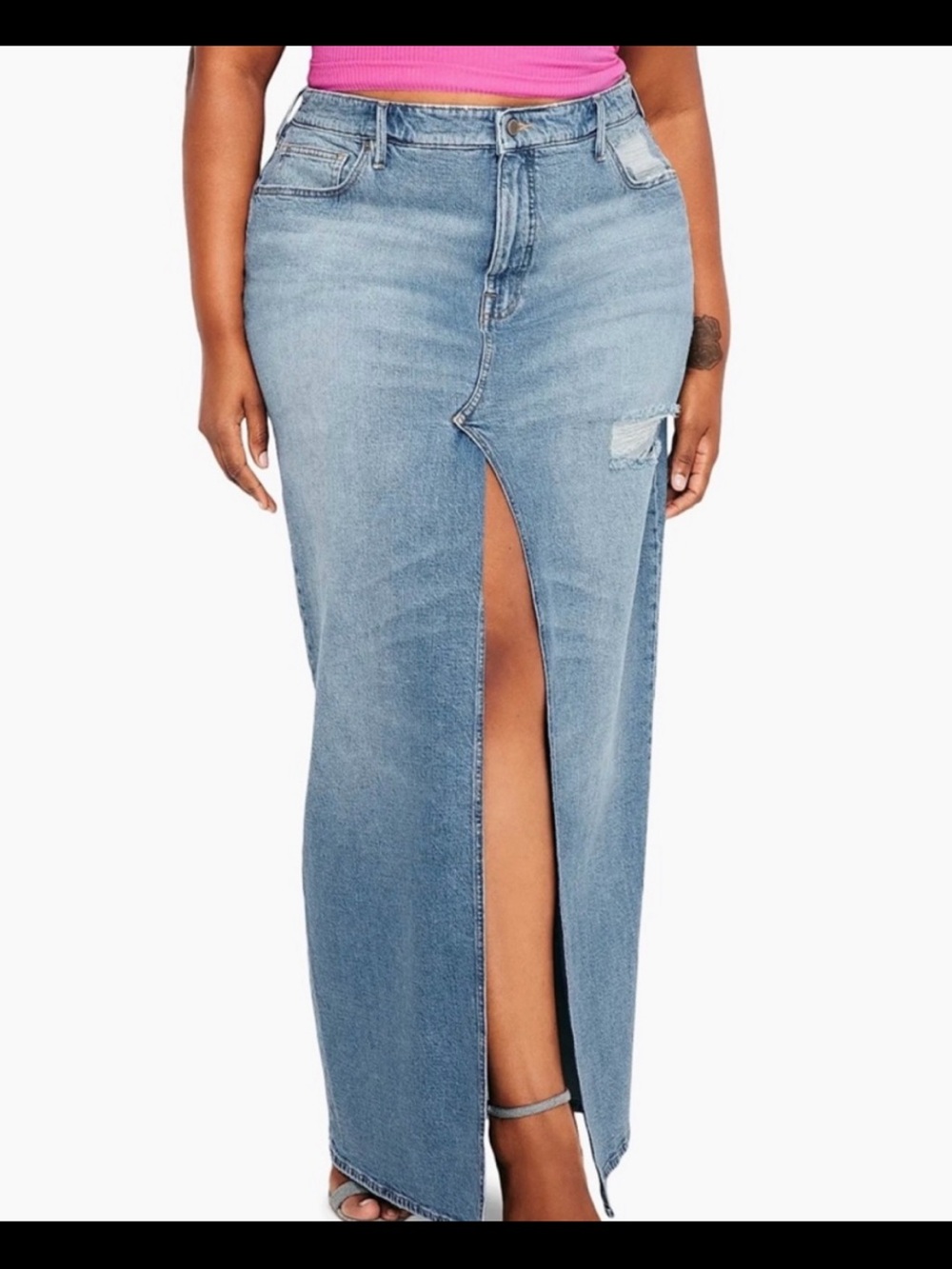 Good American Light Blue Denim Maxi Skirt with Center Front Slit - Picture 3 of 4